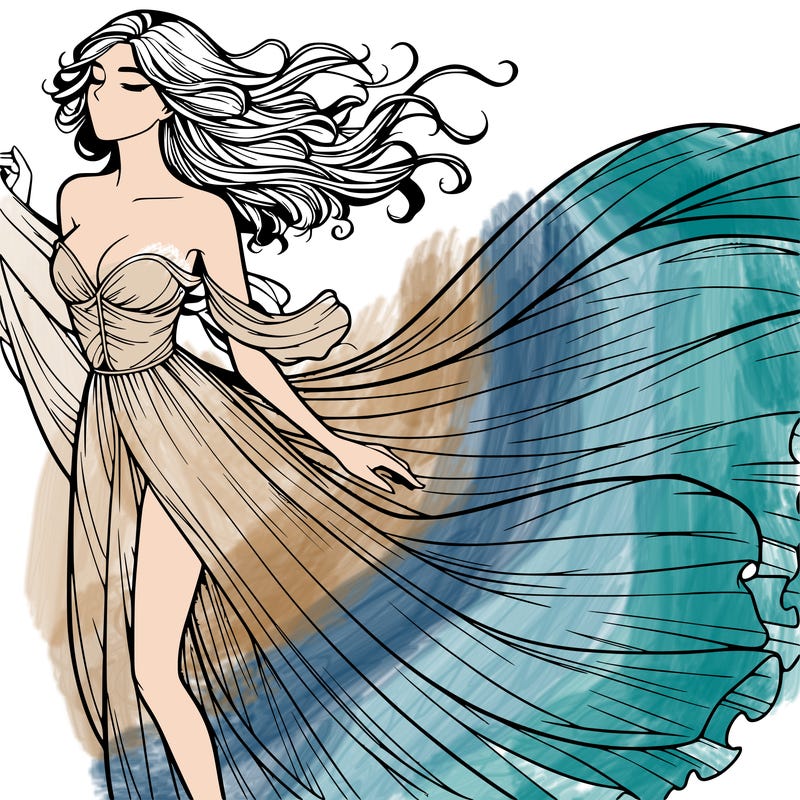 realistic woman in dress flowing the the wind