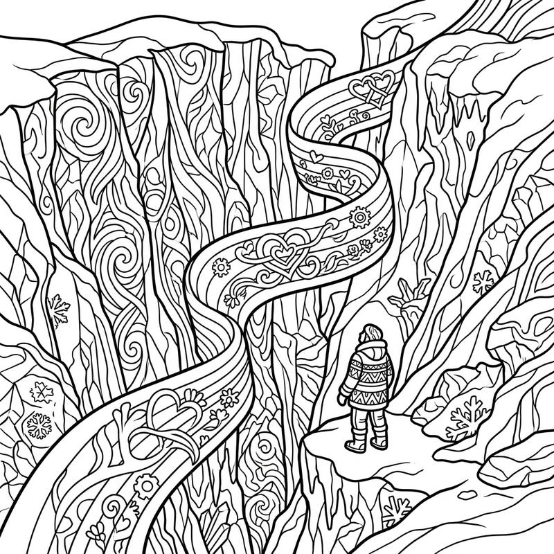 Immerse yourself in a breathtaking adult coloring page featuring deep crevasses intricately decorated with symbols of Pride. This complex design offers a serene escape, blending nature's grandeur with heartfelt celebration.