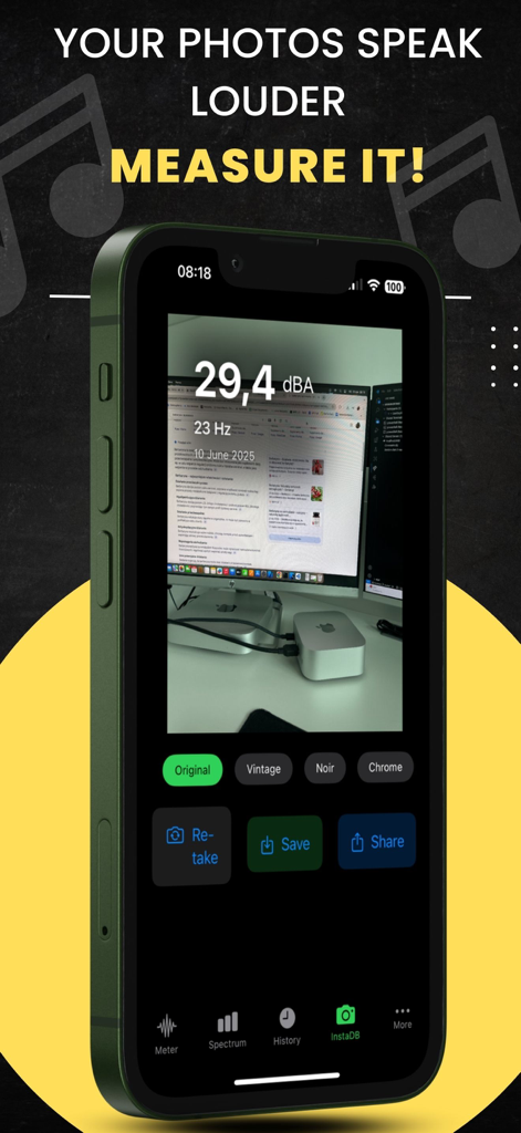 Decibel X PRO - dB Sound Meter - InstaDecibel 기능을 사용하여 사진에 소음 측정 오버레이를 보여주는 Decibel X PRO 앱 인터페이스
