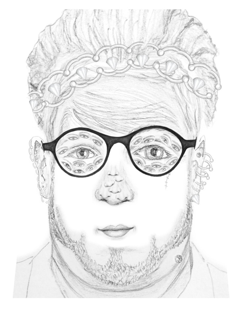 IdentyFace - A bizarre pencil sketch of a man with multiple eyes inside his glasses and a chain crown