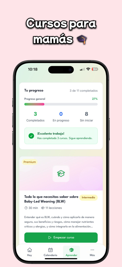 Alicia: Menús BLW Bebés - Lernmodul in der Alicia-App zeigt den Fortschritt eines BLW-Kurses für Eltern.