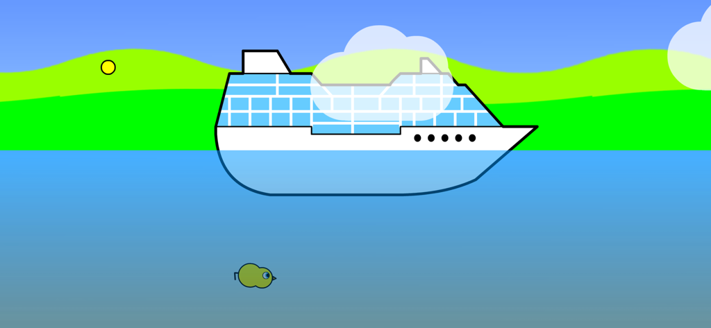 Duck Life 1 - A small green duck swimming underwater beneath a large cruise ship in Duck Life 1