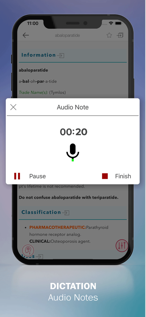 Saunders Nursing Drug Handbook - Interface of the Saunders Nursing Drug Handbook app showing the dictation and audio notes recording feature.