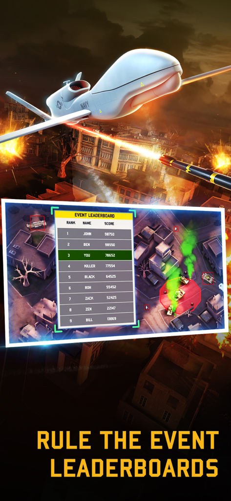 Drone : Shadow Strike 3 - A military drone flying over a combat zone with an event leaderboard showing player rankings in Drone Shadow Strike 3.