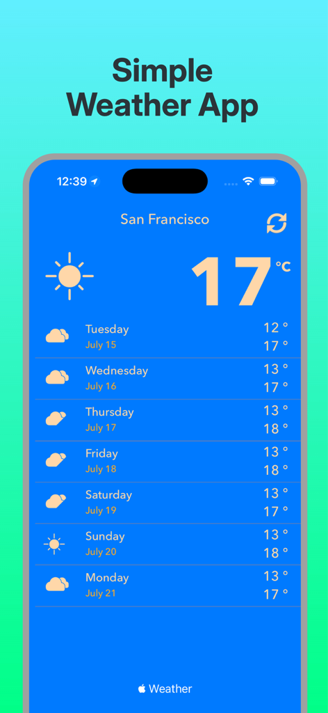 Weather News - Weather News app interface showing a 7-day forecast for San Francisco with daily temperatures and weather icons.