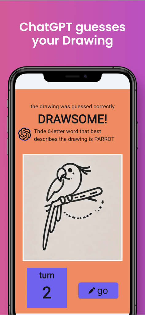 Draw Something AI - Una pantalla móvil que muestra a ChatGPT adivinando con éxito un dibujo de loro en el juego Draw Something AI