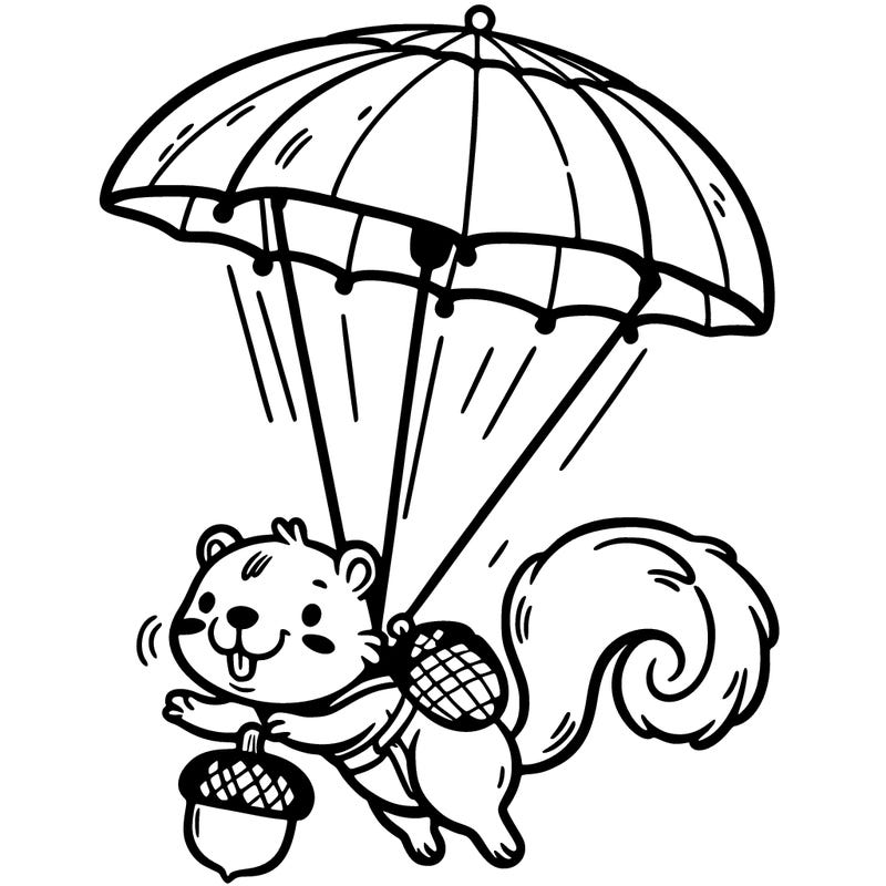 a squirrel parachuting with an acorn umbrella