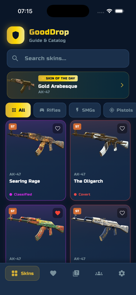 Gooddrop - Gooddrop 앱 인터페이스에 희귀도 및 컬렉션 세부 정보가 포함된 무기 스킨 카탈로그 표시