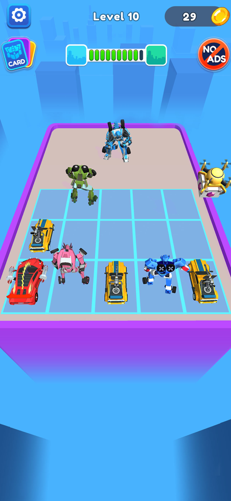 Merge Robot Master: Car Games - A gameplay screen of Merge Robot Master showing colorful robots and cars on a grid for tactical merging