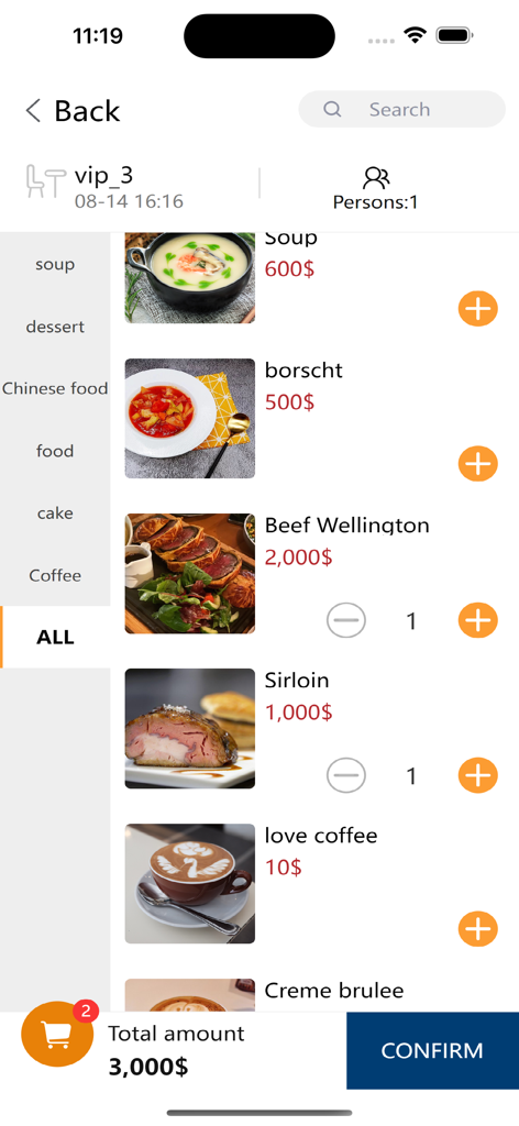 A menu screen in the TK Waiter app showing food items prices and a total order summary for restaurant staff