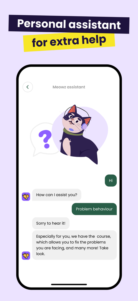 Meowz: Cat Training, Pet Care - Meowz app personal assistant chat interface for cat care help