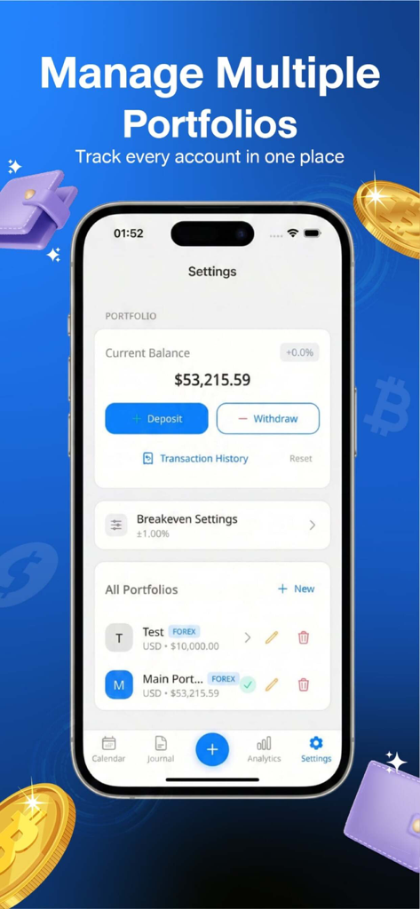 Trade Buddy - Trading Journal - Trade Buddy app interface showing multiple trading portfolios and account balance management
