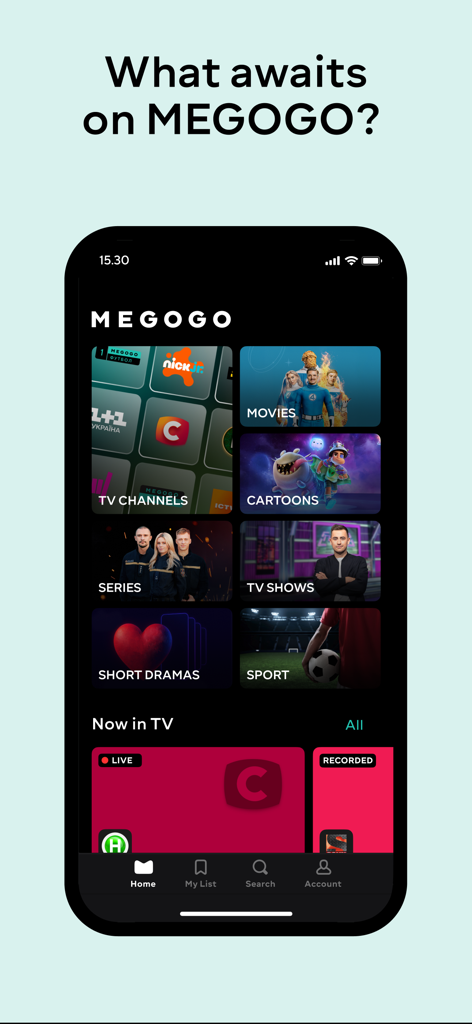 Der Startbildschirm der MEGOGO-App, der verschiedene Unterhaltungskategorien wie TV-Sender, Filme, Cartoons und Sport zeigt.