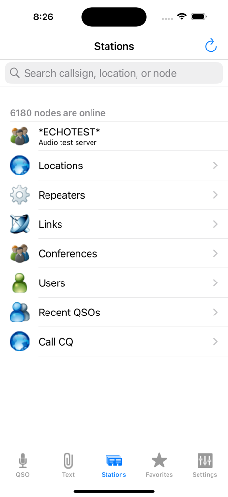 EchoLink - Pantalla del directorio de estaciones de la aplicación móvil EchoLink mostrando nodos de radio disponibles