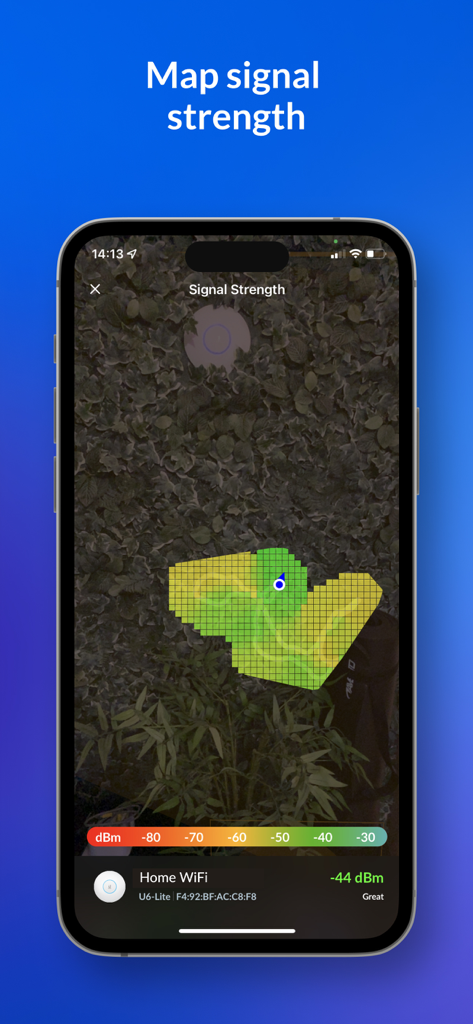 Augmented reality heat map showing wifi signal strength in the WiFiman app