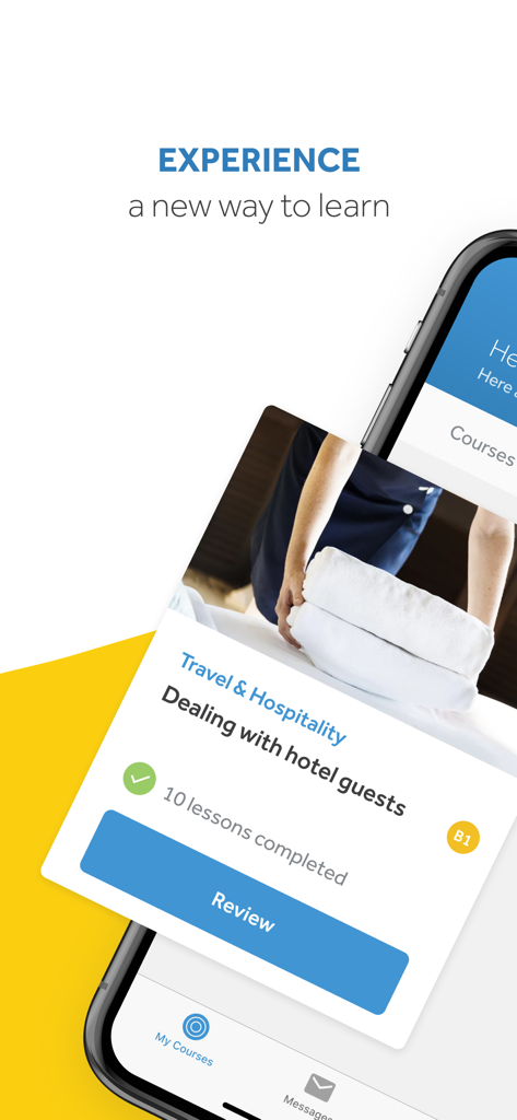 Rosetta Stone: Fluency Builder - Interfaccia dell'app mobile Rosetta Stone Fluency Builder che mostra un corso di lingua professionale su viaggi e ospitalità