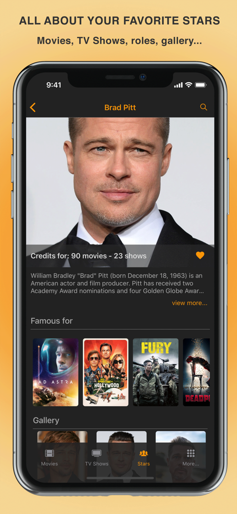 Screenshot of Movielab app showing Brad Pitt actor profile with filmography and biography