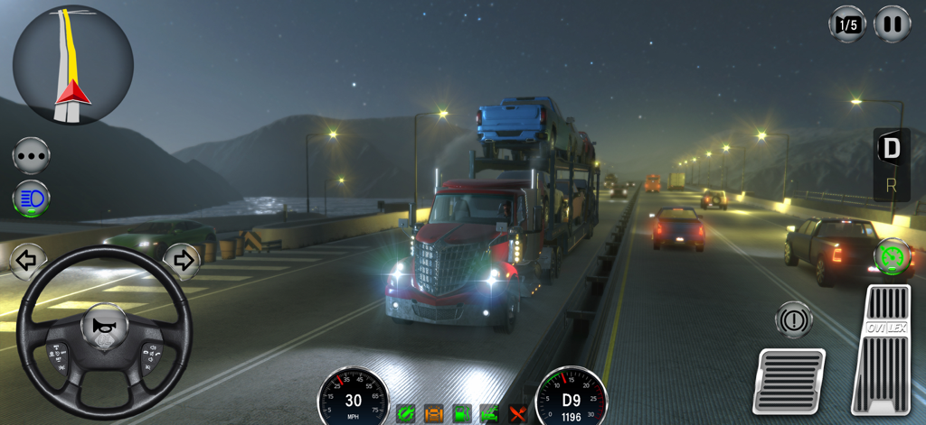 Red semi truck carrying cars on a highway at night in Truck Adventure Drive USA
