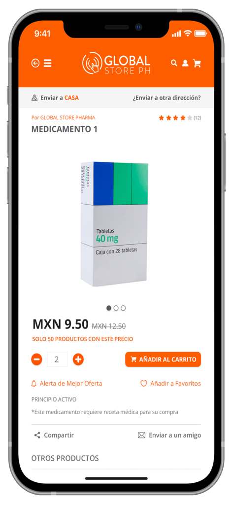 Aplicativo móvel Global Store PH exibindo uma página de produto de medicamento com opções de preço e adicionar ao carrinho