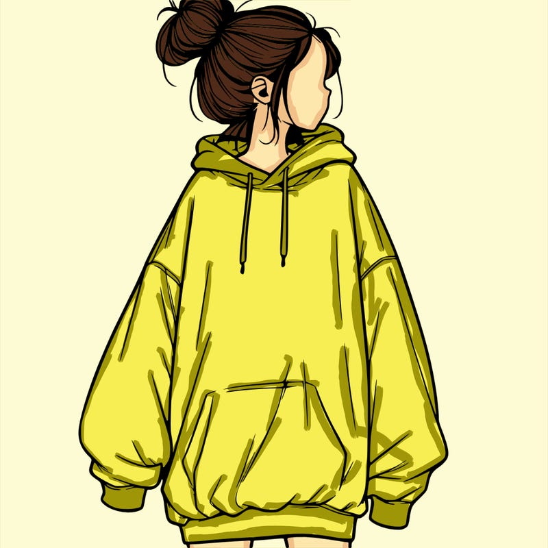realistic girl with a oversized sweatshirt on and a bun