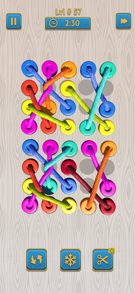 Gameplay screenshot of Twisted Puzzle Tangle Rope 3D showing colorful ropes tangled on a grid of pegs for level 57