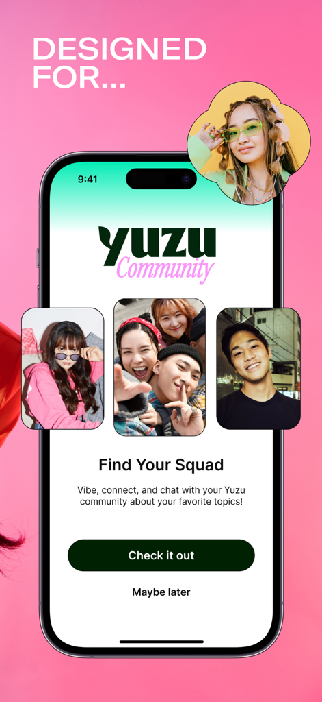 Yuzu mobile app screen displaying the Community section with young Asian people and the message Find Your Squad