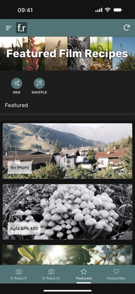 Film Recipes App for Fujifilm - The featured film recipes screen of the Film Recipes App for Fujifilm showing vintage photography styles.