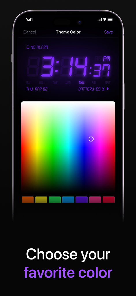 Alarm Clock HD app theme color selection screen for digital clock display