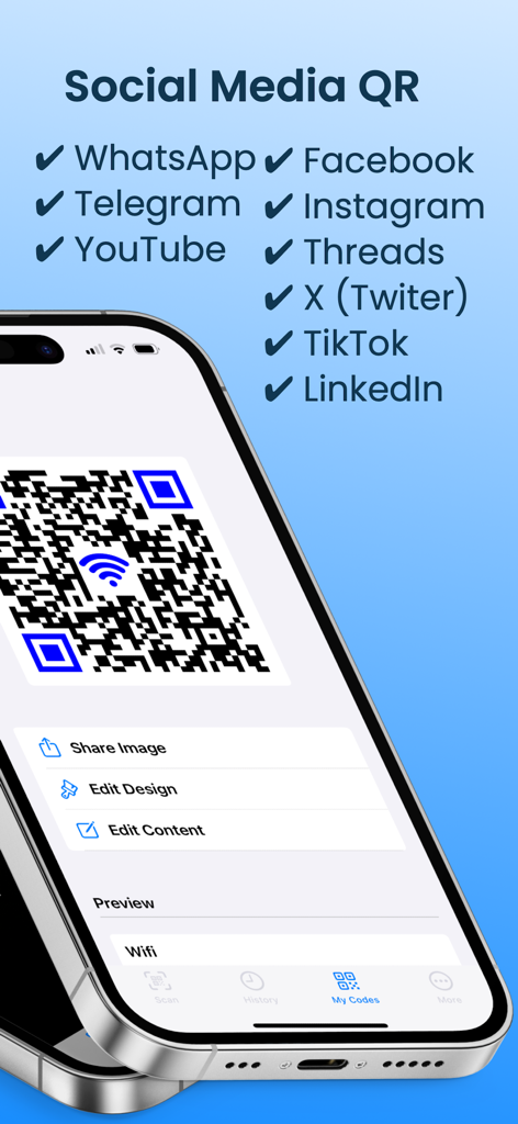 QR Maker & Scan: QR Code Suite - Smartphone screen displaying QR code generation options for social media platforms and WiFi connections