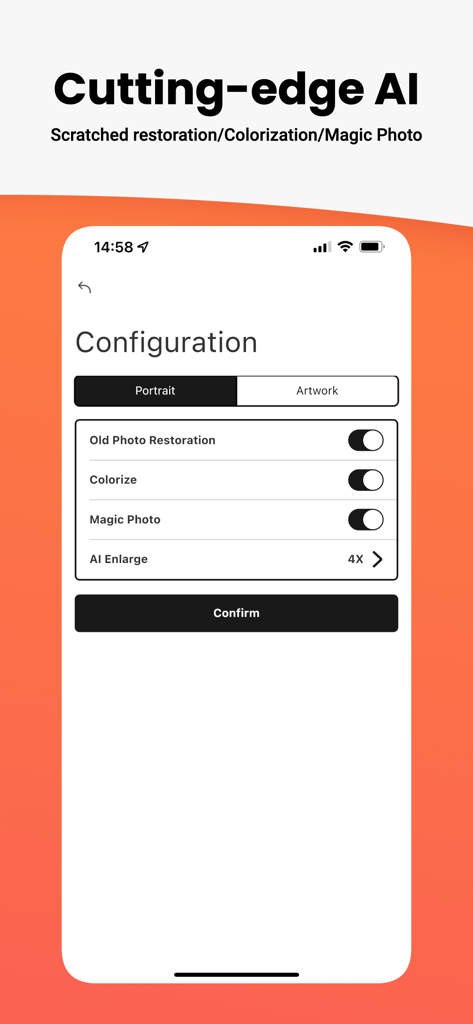 jpgHD AI Photo Restoration - Configuration screen of the jpgHD app showing AI photo restoration colorization and magic photo settings