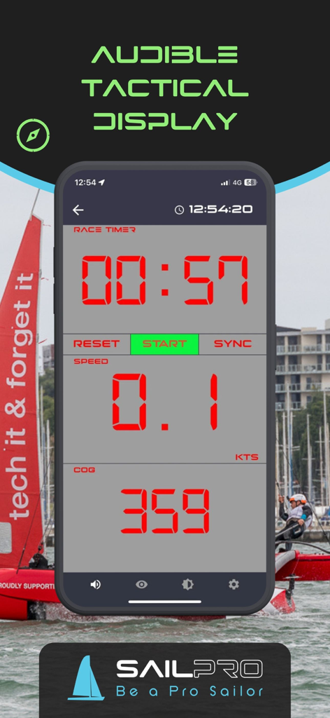 SailPro 앱 인터페이스, 대형 레이스 타이머, 노트 단위 보트 속도 및 코스 표시 표시