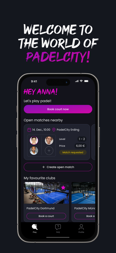Schermata principale dell'app mobile PadelCity per prenotare campi e trovare partite