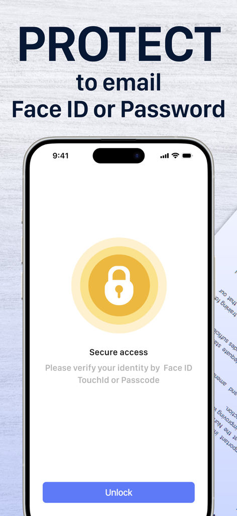 Tela do iPhone mostrando acesso seguro com Face ID e proteção por senha para documentos digitalizados