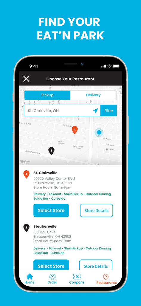 Mobile screen of the Eat n Park app showing a map and list of restaurant locations in Ohio with options for pickup and delivery