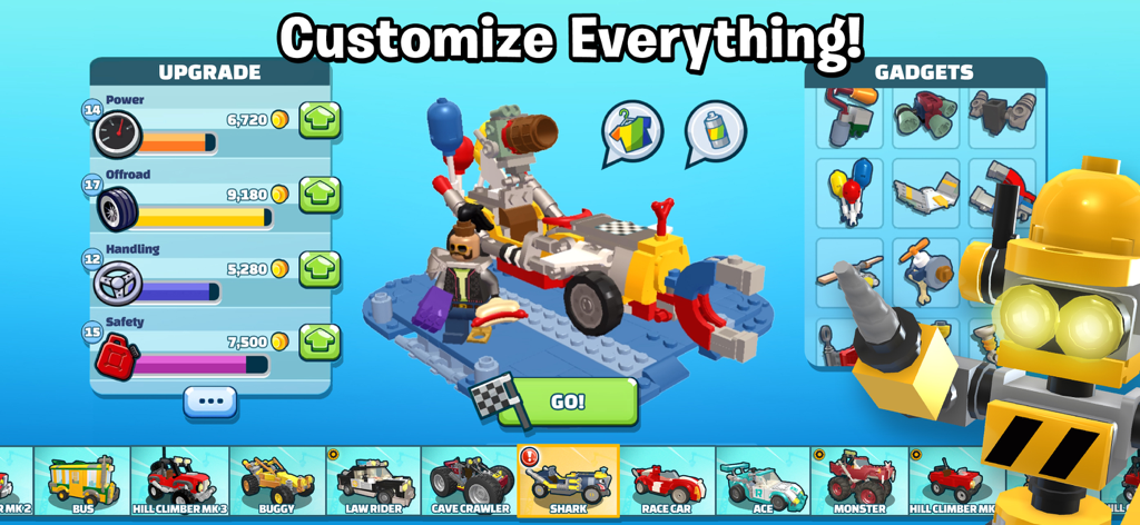 LEGO® Hill Climb Adventures - Una pantalla de menú en LEGO Hill Climb Adventures que muestra opciones para mejorar las estadísticas del vehículo y equipar varios artilugios a un coche construido con bloques.