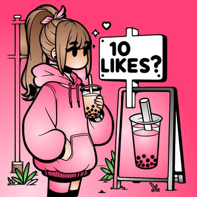 girl with oversized hoodie drinking boba and she has a high ponytail with a sign that says 10likes?