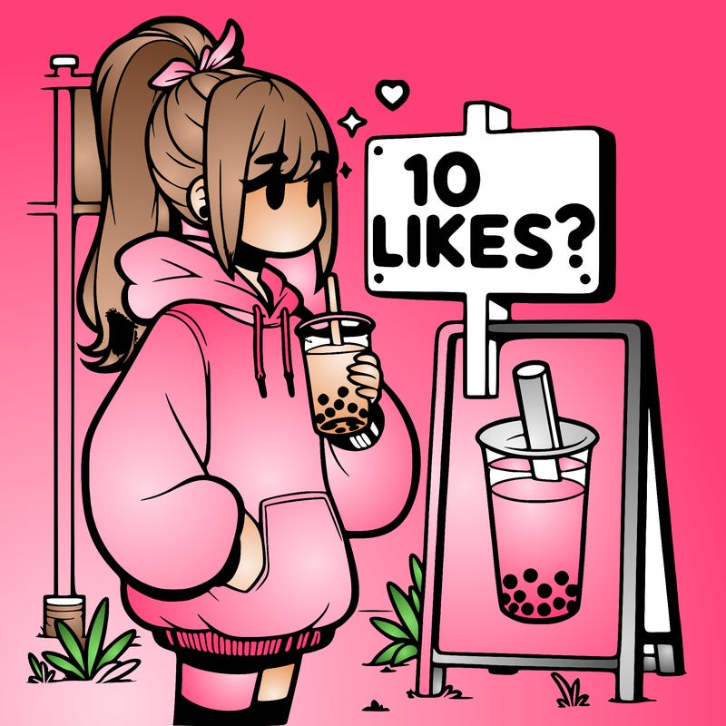 girl with oversized hoodie drinking boba and she has a high ponytail with a sign that says 10likes?