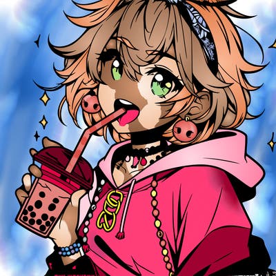 hot baddie anime girl drinking boba and biting the straw