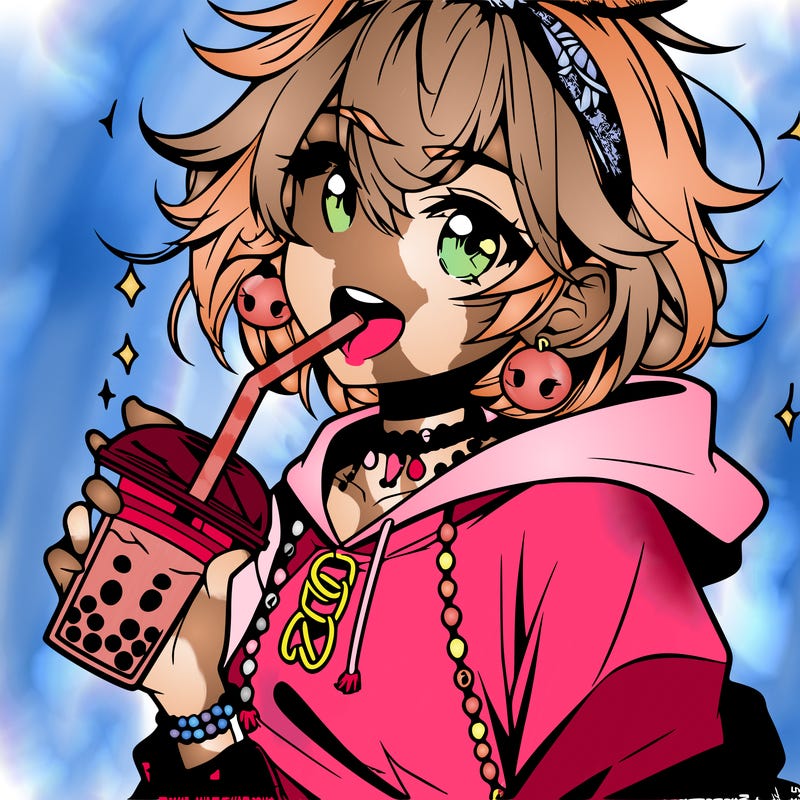 hot baddie anime girl drinking boba and biting the straw