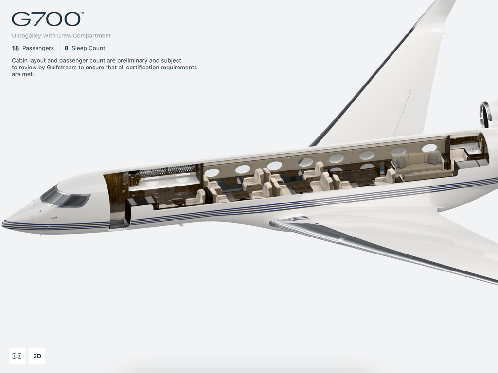 Gulfstream Cabin Layout - A 3D cutaway visualization of a Gulfstream G700 cabin layout showing seating and galley configuration