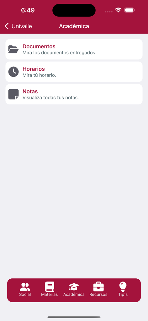 SIU - Panel académico en la app SIU Univalle que muestra secciones de documentos, horarios y calificaciones