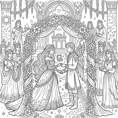 Step into a realm of myth and majesty with this stunning Gods & Goddesses Wedding coloring page. Witness a celestial ceremony unfolding with intricate details, ready for your creative touch.