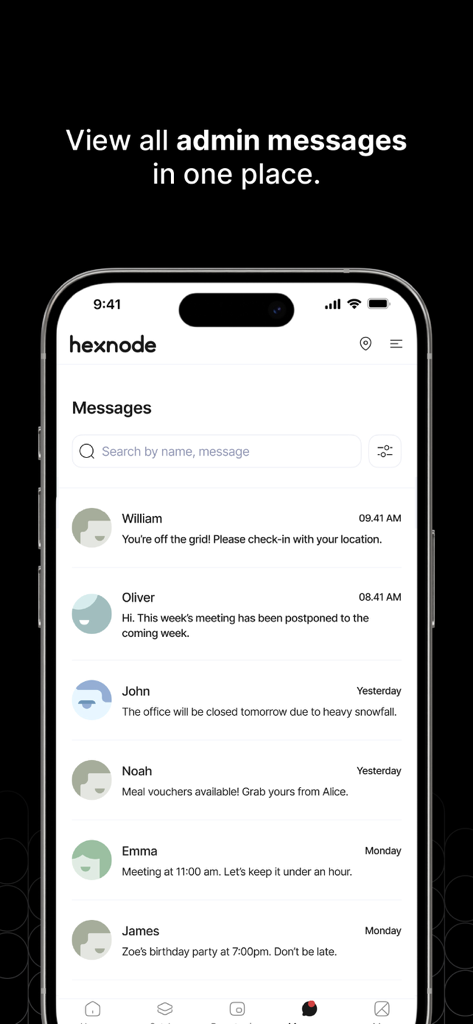 Hexnode UEM app message center interface on an iPhone displaying administrative messages