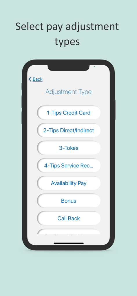 Vista Time Kiosk - Mobile screen of Vista Time Kiosk app showing various pay adjustment options for employees