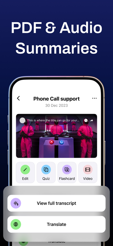 AI Note Taker: Meeting Minutes - App screenshot showing AI summaries for audio and PDF documents with transcript and translation options.