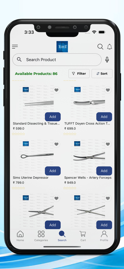 Tufft Surgical Instruments - Mobile app screen showing a list of surgical instruments including forceps and depressors with prices and add to cart options
