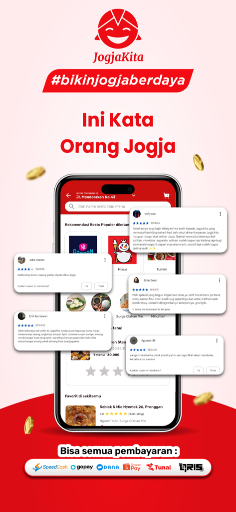 JogjaKita - Ojolnya Jogja - JogjaKita app interface displayed on a smartphone with several user review popups and payment method icons.
