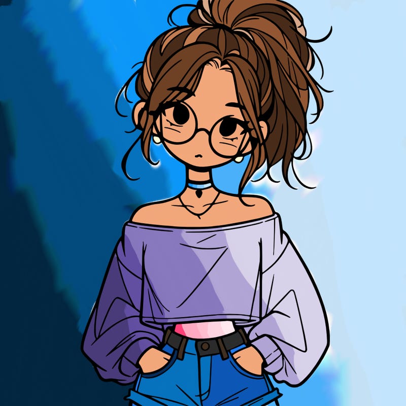 girl with a messy ponytail glasses a baggy crop top and jean shorts