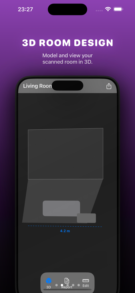 4.2メートルの測定値が表示された3Dルームデザインモデルを示すモバイルアプリ画面。