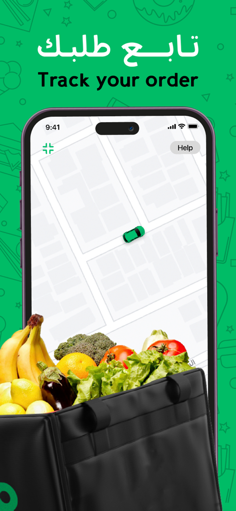 MRSOOL APP | تطبيق مرسول - Smartphone screen displaying MRSOOL app order tracking map above a bag of fresh groceries